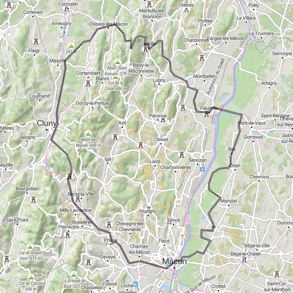 Miniatura della mappa di ispirazione al ciclismo "Circuito Stradale tra Feillens e Monsard" nella regione di Rhône-Alpes, France. Generata da Tarmacs.app, pianificatore di rotte ciclistiche