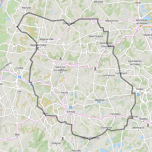 Miniatua del mapa de inspiración ciclista "Ruta de ciclismo de carretera por Feillens" en Rhône-Alpes, France. Generado por Tarmacs.app planificador de rutas ciclistas