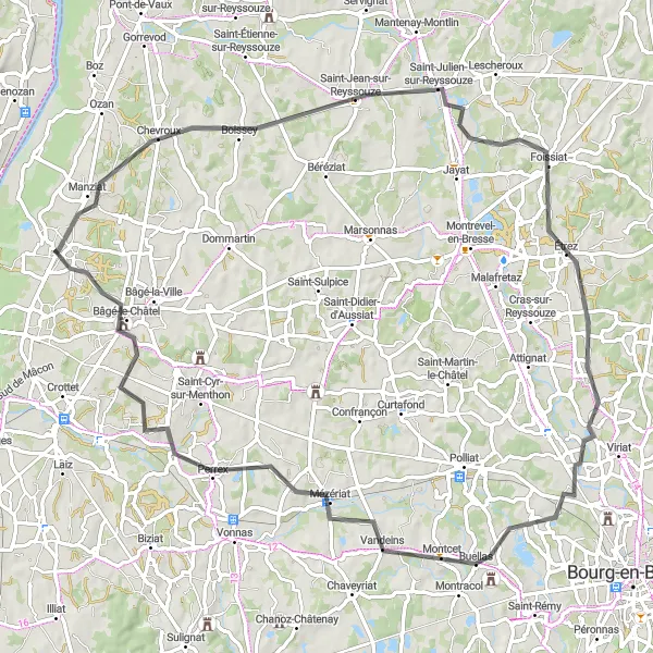 Kartminiatyr av "Rundtur til Buellas via Manziat" sykkelinspirasjon i Rhône-Alpes, France. Generert av Tarmacs.app sykkelrutoplanlegger
