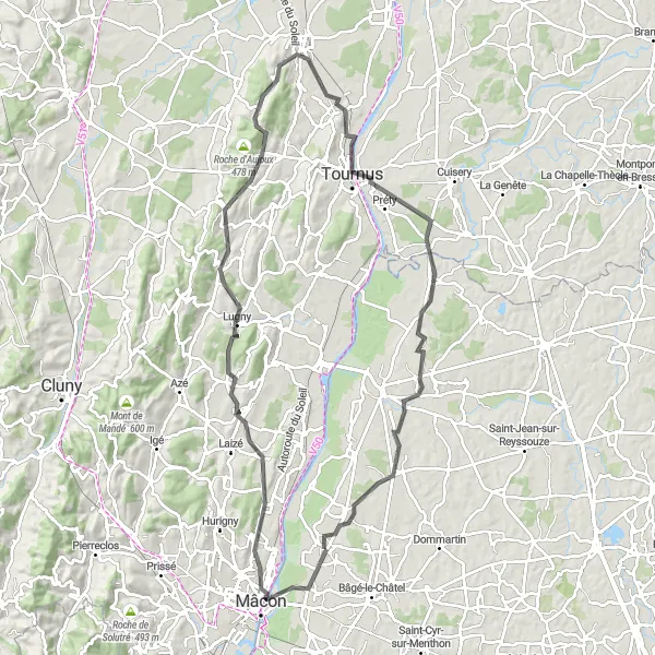 Kartminiatyr av "Château de Vaux-sous-Targes till Sennecey-le-Grand Cykeltur" cykelinspiration i Rhône-Alpes, France. Genererad av Tarmacs.app cykelruttplanerare