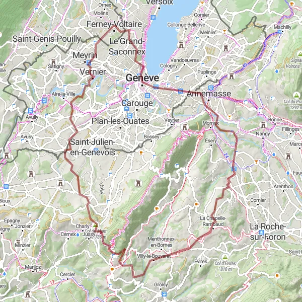 Miniaturní mapa "Gravelová trasa kolem Ženevského jezera" inspirace pro cyklisty v oblasti Rhône-Alpes, France. Vytvořeno pomocí plánovače tras Tarmacs.app