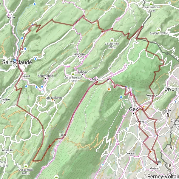 Miniatuurkaart van de fietsinspiratie "Grindpad naar Belvédère de l'Ermitage en Cessy" in Rhône-Alpes, France. Gemaakt door de Tarmacs.app fietsrouteplanner