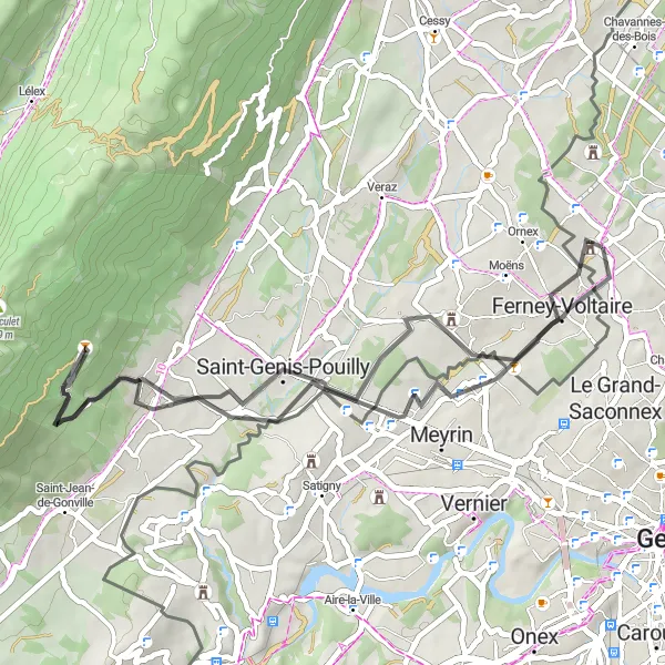 Zemljevid v pomanjšavi "Cestna Utripanje okoli Ferney-Voltaire" kolesarske inspiracije v Rhône-Alpes, France. Generirano z načrtovalcem kolesarskih poti Tarmacs.app
