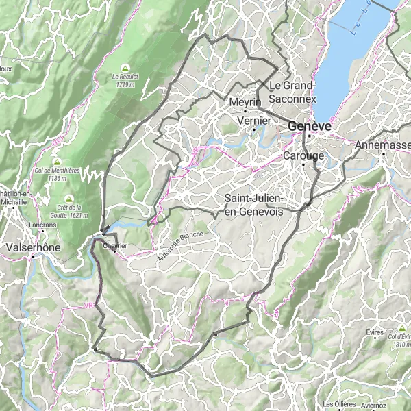 Zemljevid v pomanjšavi "Cestna pot okoli Ferney-Voltaire" kolesarske inspiracije v Rhône-Alpes, France. Generirano z načrtovalcem kolesarskih poti Tarmacs.app