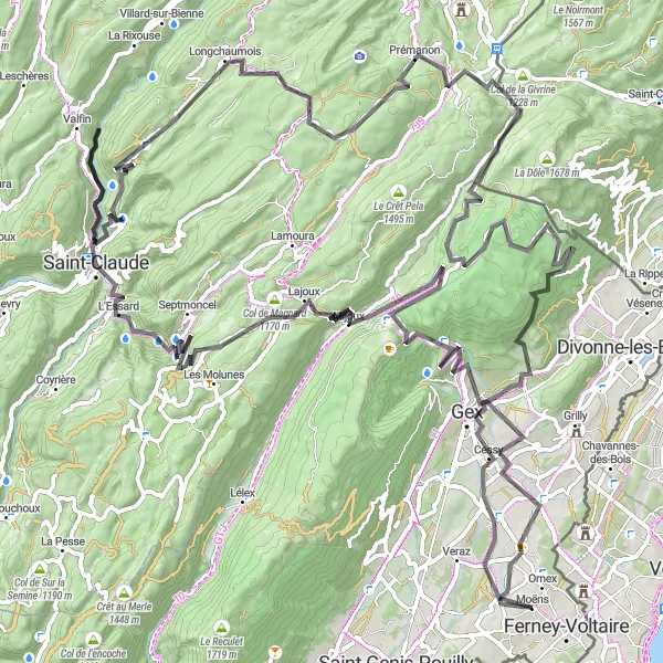 Miniatuurkaart van de fietsinspiratie "Uitdagende route met beklimmingen en panoramische uitzichten" in Rhône-Alpes, France. Gemaakt door de Tarmacs.app fietsrouteplanner