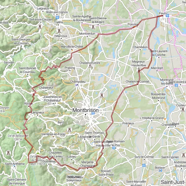 Map miniature of "Gravel Adventure to Pic de Chaudabry" cycling inspiration in Rhône-Alpes, France. Generated by Tarmacs.app cycling route planner