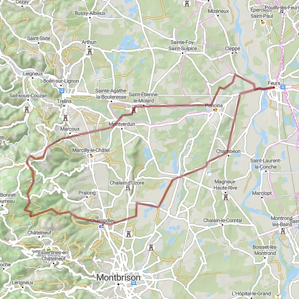 Mapa miniatúra "Gravelový okruh Montverdun" cyklistická inšpirácia v Rhône-Alpes, France. Vygenerované cyklistickým plánovačom trás Tarmacs.app