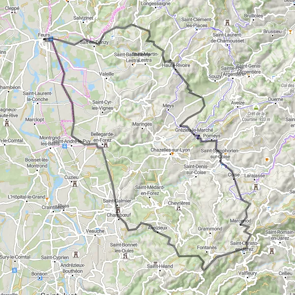 Kartminiatyr av "Sykkeltur til Randan fra Feurs" sykkelinspirasjon i Rhône-Alpes, France. Generert av Tarmacs.app sykkelrutoplanlegger