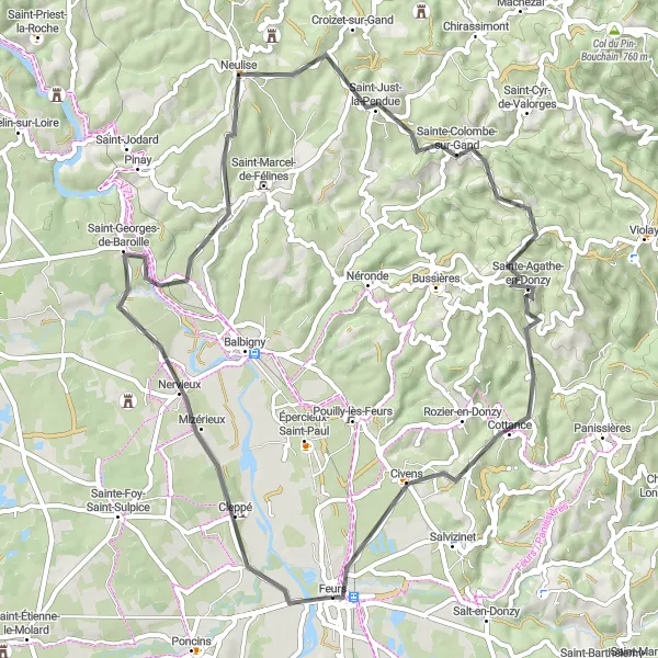 Map miniature of "Cleppé Circuit" cycling inspiration in Rhône-Alpes, France. Generated by Tarmacs.app cycling route planner