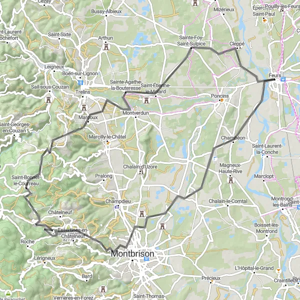 Miniatua del mapa de inspiración ciclista "Ruta de Feurs a Chambéon y Mont Renard" en Rhône-Alpes, France. Generado por Tarmacs.app planificador de rutas ciclistas