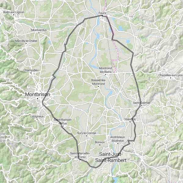 Miniaturní mapa "Okruh kolem Feurs s krásnými výhledy" inspirace pro cyklisty v oblasti Rhône-Alpes, France. Vytvořeno pomocí plánovače tras Tarmacs.app