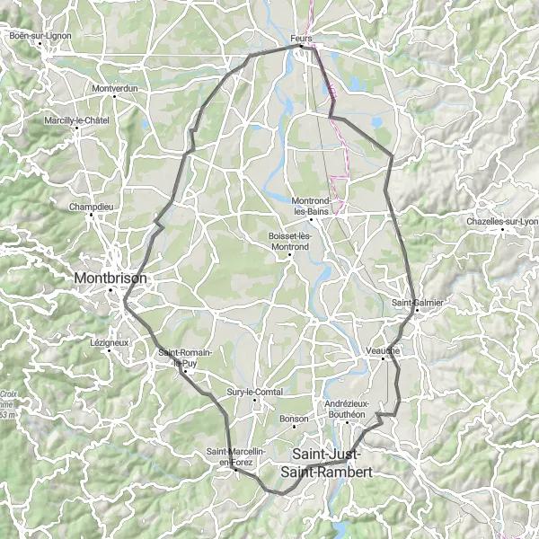 Miniatuurkaart van de fietsinspiratie "Fietsroute met prachtige natuur en historie in de omgeving van Feurs" in Rhône-Alpes, France. Gemaakt door de Tarmacs.app fietsrouteplanner