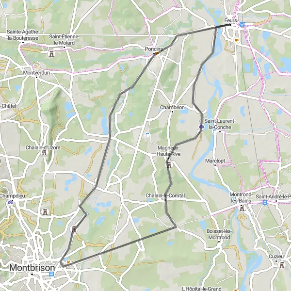 Zemljevid v pomanjšavi "Cestna kolesarska pot skozi Mornand-en-Forez" kolesarske inspiracije v Rhône-Alpes, France. Generirano z načrtovalcem kolesarskih poti Tarmacs.app