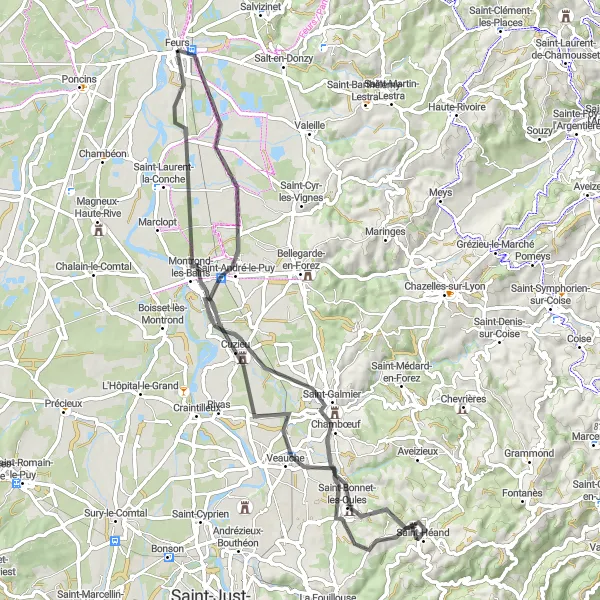Zemljevid v pomanjšavi "Feurs - Montrond-les-Bains - Veauche - Saint-Héand - Saint-Galmier - Saint-André-le-Puy - Tour de Grézieu - Feurs" kolesarske inspiracije v Rhône-Alpes, France. Generirano z načrtovalcem kolesarskih poti Tarmacs.app
