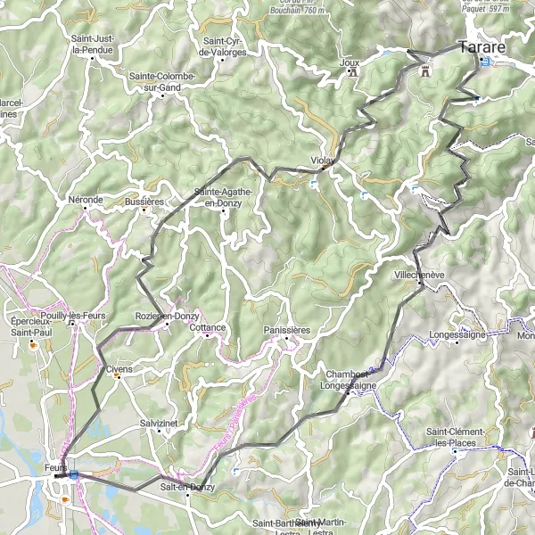 Zemljevid v pomanjšavi "Feurs - Civens - Bussières - Col de la Croix Cazard - Saint-Marcel-l'Éclairé - Mont du Crépier - Jas - Feurs" kolesarske inspiracije v Rhône-Alpes, France. Generirano z načrtovalcem kolesarskih poti Tarmacs.app
