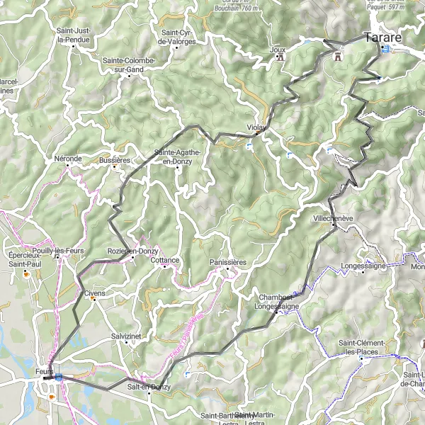 Karttaminiaatyyri "Feurs - Civens - Bussières - Col de la Croix Cazard - Saint-Marcel-l'Éclairé - Mont du Crépier - Jas - Feurs" pyöräilyinspiraatiosta alueella Rhône-Alpes, France. Luotu Tarmacs.app pyöräilyreittisuunnittelijalla