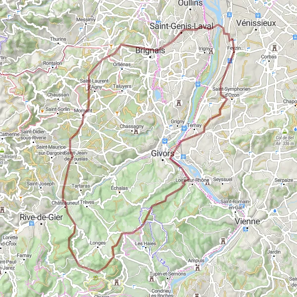 Miniaturní mapa "Gravelová trasa z Feyzinu do Saint-Fons" inspirace pro cyklisty v oblasti Rhône-Alpes, France. Vytvořeno pomocí plánovače tras Tarmacs.app