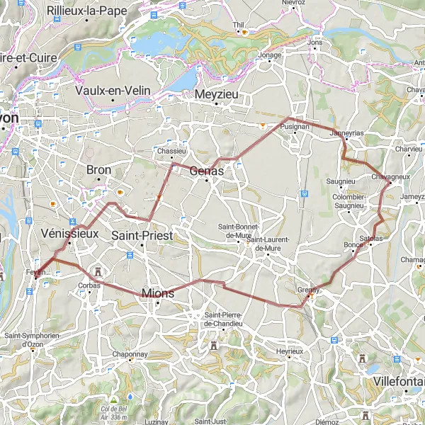 Mapa miniatúra "Gravelová cyklotrasa cez Vénissieux a Grenay" cyklistická inšpirácia v Rhône-Alpes, France. Vygenerované cyklistickým plánovačom trás Tarmacs.app