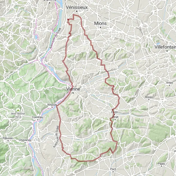 Zemljevid v pomanjšavi "Razgibana pot okoli Feyzina in Vienne" kolesarske inspiracije v Rhône-Alpes, France. Generirano z načrtovalcem kolesarskih poti Tarmacs.app