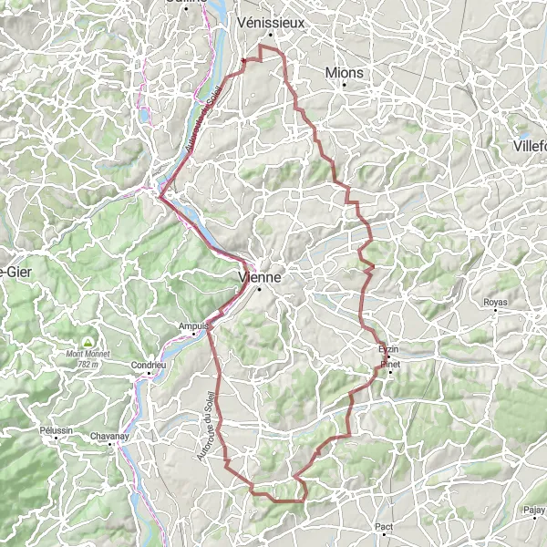 Miniature de la carte de l'inspiration cycliste "Boucle en gravier de Feyzin à Sérézin-du-Rhône" dans la Rhône-Alpes, France. Générée par le planificateur d'itinéraire cycliste Tarmacs.app