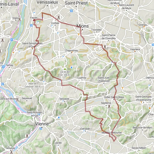Miniature de la carte de l'inspiration cycliste "Boucle VTT autour de Feyzin" dans la Rhône-Alpes, France. Générée par le planificateur d'itinéraire cycliste Tarmacs.app