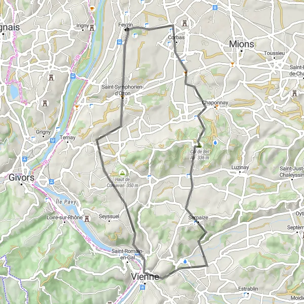 Miniature de la carte de l'inspiration cycliste "Boucle routière de Feyzin à Communay" dans la Rhône-Alpes, France. Générée par le planificateur d'itinéraire cycliste Tarmacs.app