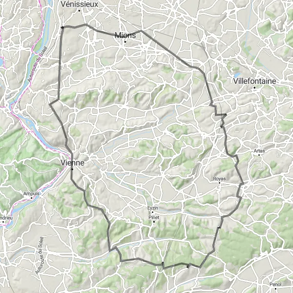 Miniature de la carte de l'inspiration cycliste "Boucle routière de Feyzin à Saint-Symphorien-d'Ozon" dans la Rhône-Alpes, France. Générée par le planificateur d'itinéraire cycliste Tarmacs.app