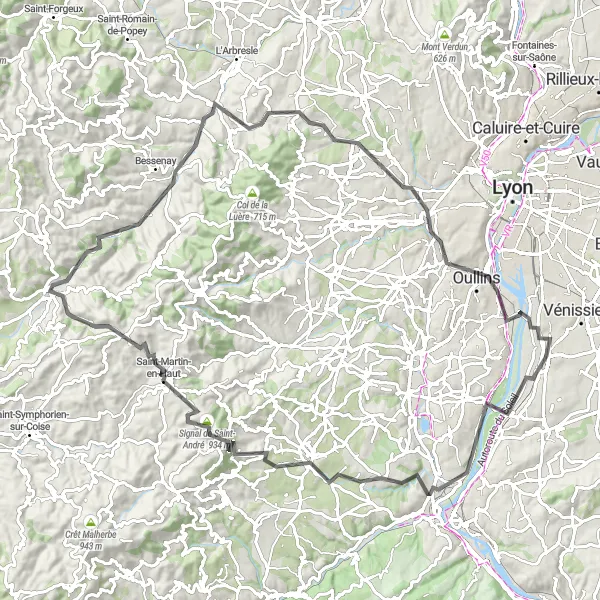 Kartminiatyr av "Gjennom Vernaison til Saint-Fons" sykkelinspirasjon i Rhône-Alpes, France. Generert av Tarmacs.app sykkelrutoplanlegger