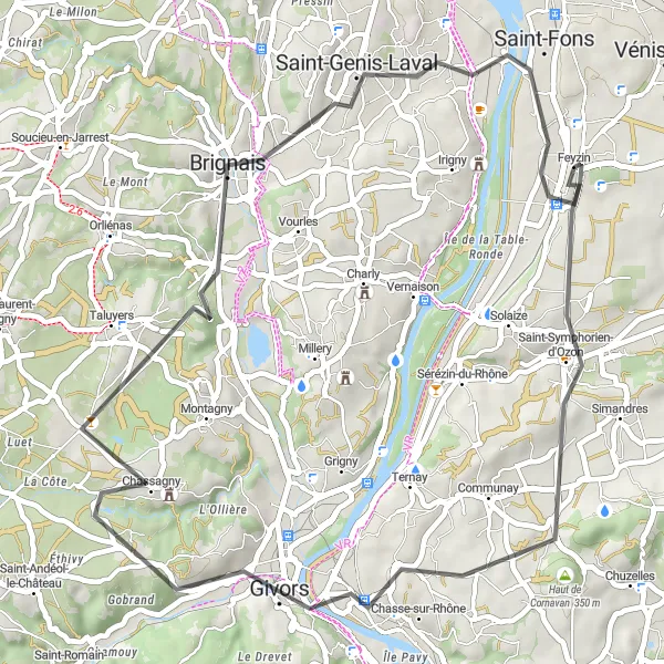 Miniaturní mapa "Silnice Feyzin - Château de la Bégude" inspirace pro cyklisty v oblasti Rhône-Alpes, France. Vytvořeno pomocí plánovače tras Tarmacs.app