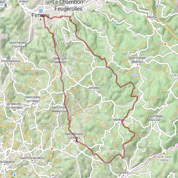 Kartminiatyr av "Grusväg till Le Chambon-Feugerolles" cykelinspiration i Rhône-Alpes, France. Genererad av Tarmacs.app cykelruttplanerare