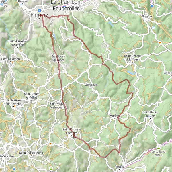 Miniatuurkaart van de fietsinspiratie "Grindpad naar Château des Bruneaux" in Rhône-Alpes, France. Gemaakt door de Tarmacs.app fietsrouteplanner