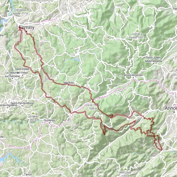 Kartminiatyr av "Utfordrende grustur via Firminy, Saint-Régis-du-Coin, Pyfara, Vanosc, Saint-Alban-d'Ay, Le Suc de Vent, Vocance, Col de la Charousse, Saint-Romain-Lachalm og Fraisses" sykkelinspirasjon i Rhône-Alpes, France. Generert av Tarmacs.app sykkelrutoplanlegger