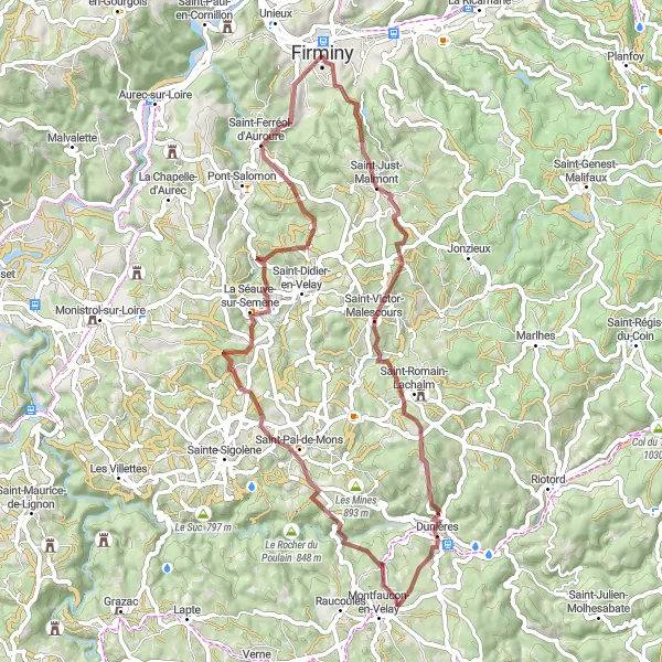 Map miniature of "Valleys and Forests Gravel Adventure" cycling inspiration in Rhône-Alpes, France. Generated by Tarmacs.app cycling route planner