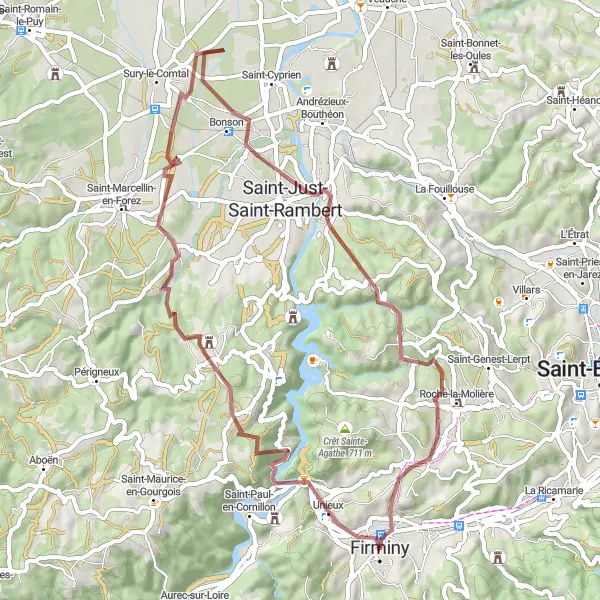 Karten-Miniaturansicht der Radinspiration "Abenteuerliche Schotterroute um Firminy" in Rhône-Alpes, France. Erstellt vom Tarmacs.app-Routenplaner für Radtouren