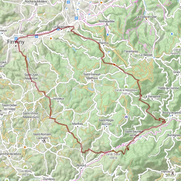 Miniatuurkaart van de fietsinspiratie "Gravelroute naar La Ricamarie en Belvédère du Guizay" in Rhône-Alpes, France. Gemaakt door de Tarmacs.app fietsrouteplanner