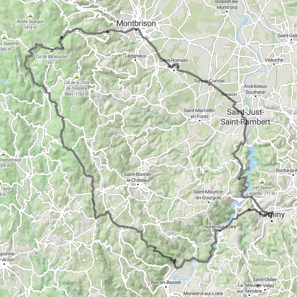 Miniaturní mapa "Okruhová silniční trasa kolem Firminy" inspirace pro cyklisty v oblasti Rhône-Alpes, France. Vytvořeno pomocí plánovače tras Tarmacs.app