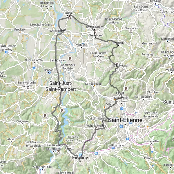 Miniaturekort af cykelinspirationen "79 km landevejscykelrute i Firminy" i Rhône-Alpes, France. Genereret af Tarmacs.app cykelruteplanlægger