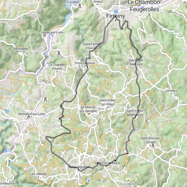 Miniatua del mapa de inspiración ciclista "Ruta de Ciclismo de Carretera cerca de Firminy" en Rhône-Alpes, France. Generado por Tarmacs.app planificador de rutas ciclistas