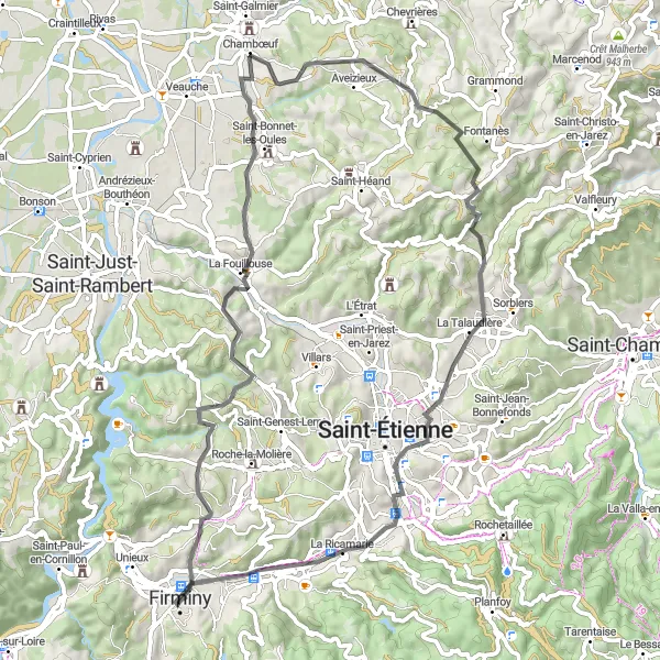 Map miniature of "The Road to Roche-la-Molière" cycling inspiration in Rhône-Alpes, France. Generated by Tarmacs.app cycling route planner