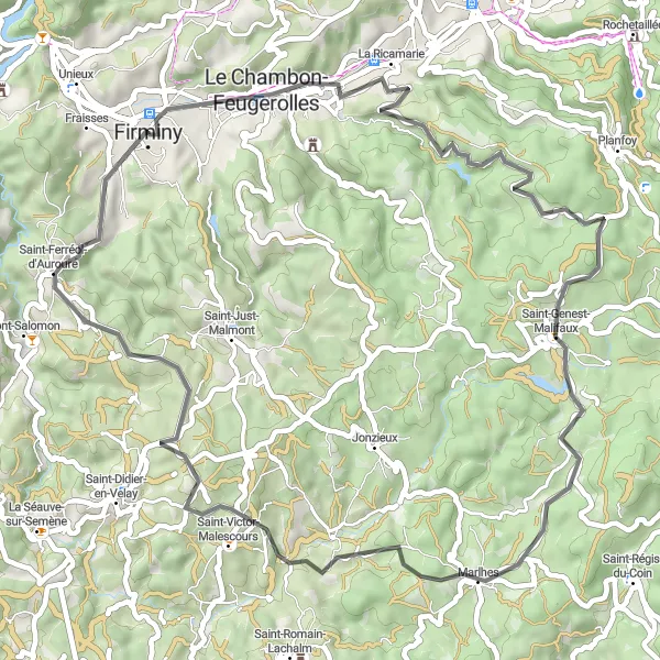 Miniaturní mapa "Road Tour Le Chambon-Feugerolles - Firminy" inspirace pro cyklisty v oblasti Rhône-Alpes, France. Vytvořeno pomocí plánovače tras Tarmacs.app
