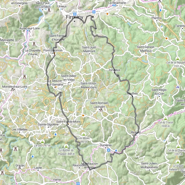 Miniaturekort af cykelinspirationen "73 km landevejscykelrute i Firminy" i Rhône-Alpes, France. Genereret af Tarmacs.app cykelruteplanlægger