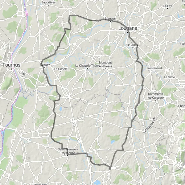 Miniature de la carte de l'inspiration cycliste "Parcours Route de Saint-Jean-sur-Reyssouze à Varennes-Saint-Sauveur" dans la Rhône-Alpes, France. Générée par le planificateur d'itinéraire cycliste Tarmacs.app