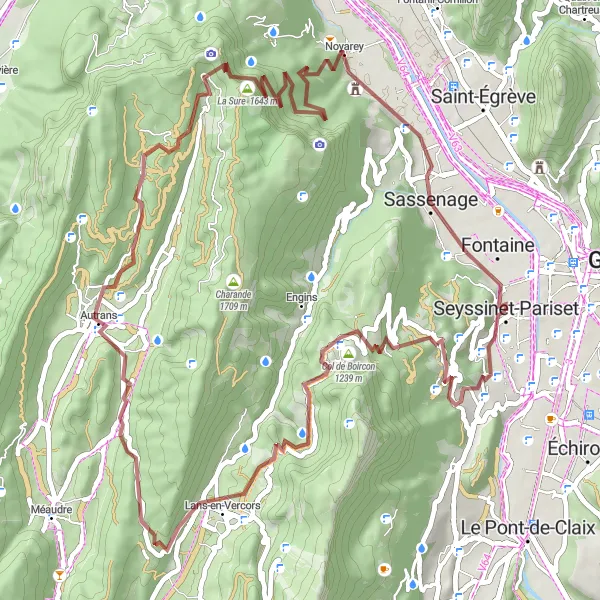 Mapa miniatúra "Gravel trasa Fontaine-La Dent du Loup" cyklistická inšpirácia v Rhône-Alpes, France. Vygenerované cyklistickým plánovačom trás Tarmacs.app