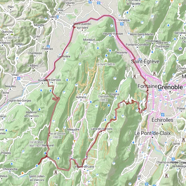 Mapa miniatúra "Gravel trasa Fontaine-Valchevrière" cyklistická inšpirácia v Rhône-Alpes, France. Vygenerované cyklistickým plánovačom trás Tarmacs.app