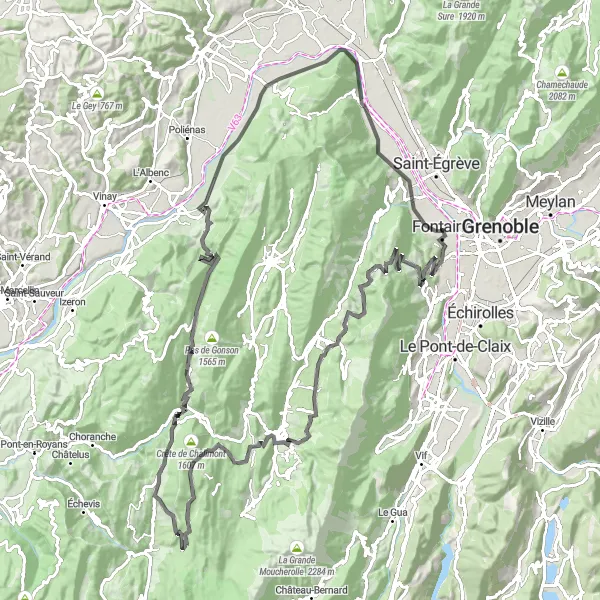 Miniatua del mapa de inspiración ciclista "Ruta Escénica en Carretera con Desafíos" en Rhône-Alpes, France. Generado por Tarmacs.app planificador de rutas ciclistas