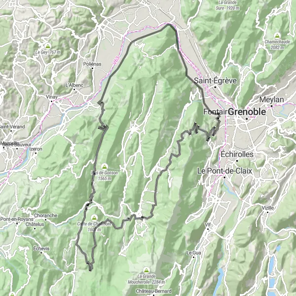 Miniaturní mapa "Okružní cyklistická trasa Fontaine - Seyssinet-Pariset - Villard-de-Lans - Saint-Julien-en-Vercors" inspirace pro cyklisty v oblasti Rhône-Alpes, France. Vytvořeno pomocí plánovače tras Tarmacs.app