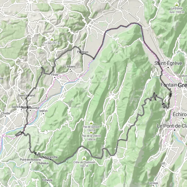 Zemljevid v pomanjšavi "Ekstremna kolesarska tura preko Col de Toutes Aures" kolesarske inspiracije v Rhône-Alpes, France. Generirano z načrtovalcem kolesarskih poti Tarmacs.app