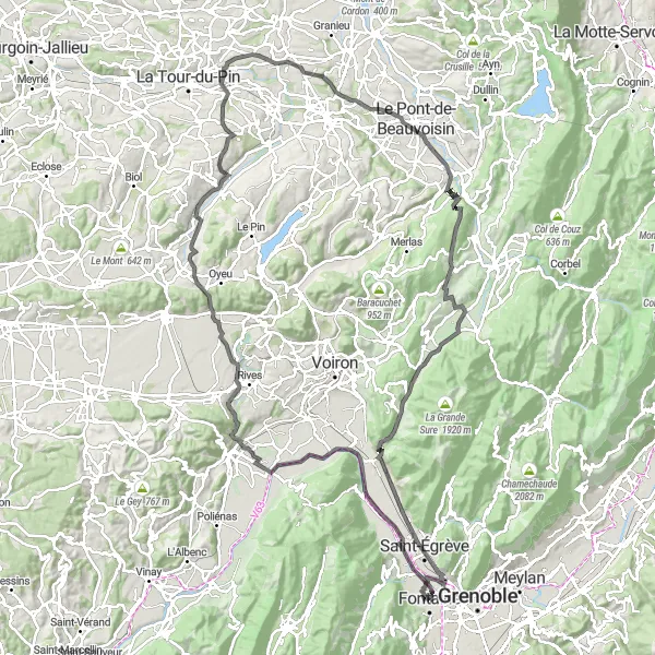 Karttaminiaatyyri "Maantiekiertue Fontainen lähellä" pyöräilyinspiraatiosta alueella Rhône-Alpes, France. Luotu Tarmacs.app pyöräilyreittisuunnittelijalla