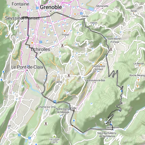 Mapa miniatúra "Jazda na bicykli cez Vercors a Vizille" cyklistická inšpirácia v Rhône-Alpes, France. Vygenerované cyklistickým plánovačom trás Tarmacs.app