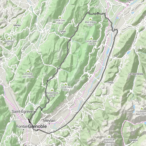 Kartminiatyr av "Oppdag Chartreuse-fjellene" sykkelinspirasjon i Rhône-Alpes, France. Generert av Tarmacs.app sykkelrutoplanlegger